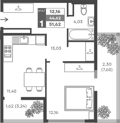 1-комн., 40.7 м²