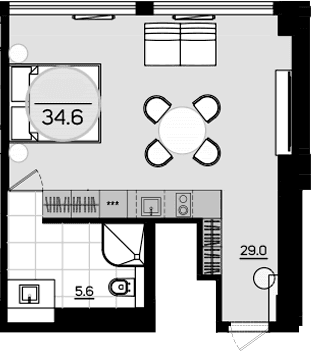 Студия, 34.6 м²