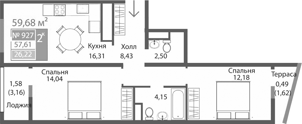 2-комн., 57.61 м²