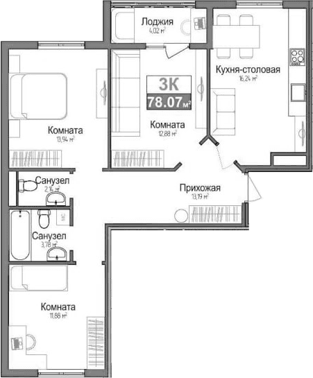 3-комн., 74.05 м²