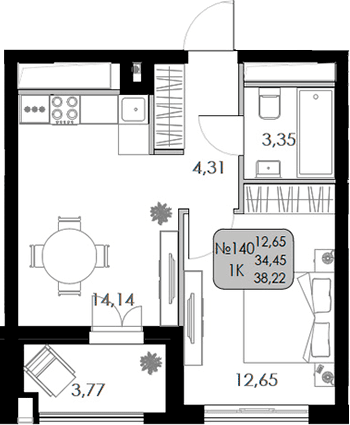 1-комн., 34.45 м²