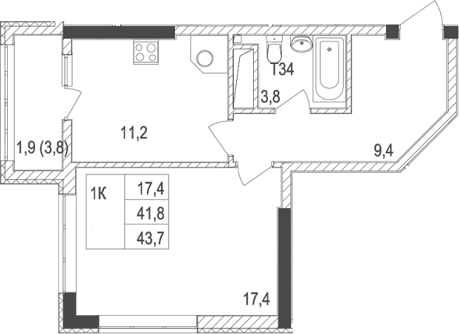 1-комн., 41.8 м²