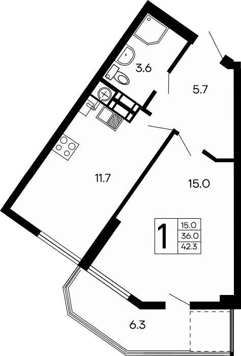 1-комн., 36 м²