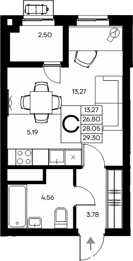 Студия, 26.8 м²