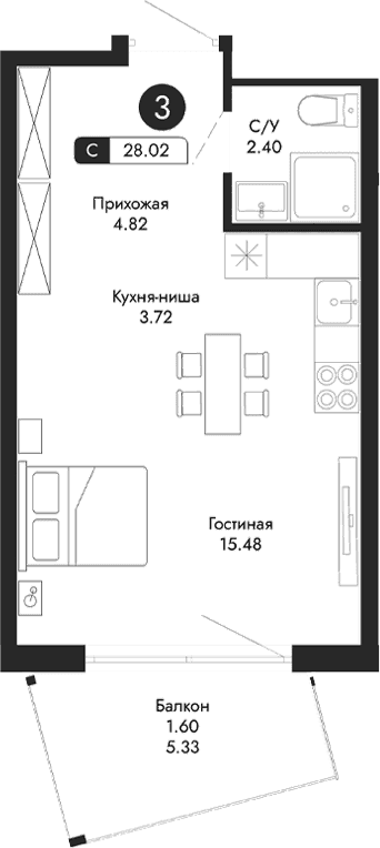 Студия, 26.42 м²