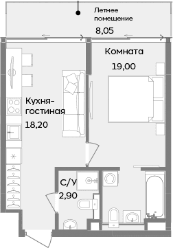 1-комн., 40.1 м²