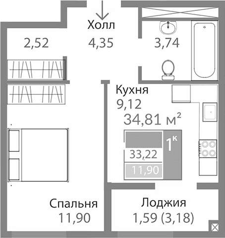 1-комн., 31.63 м²