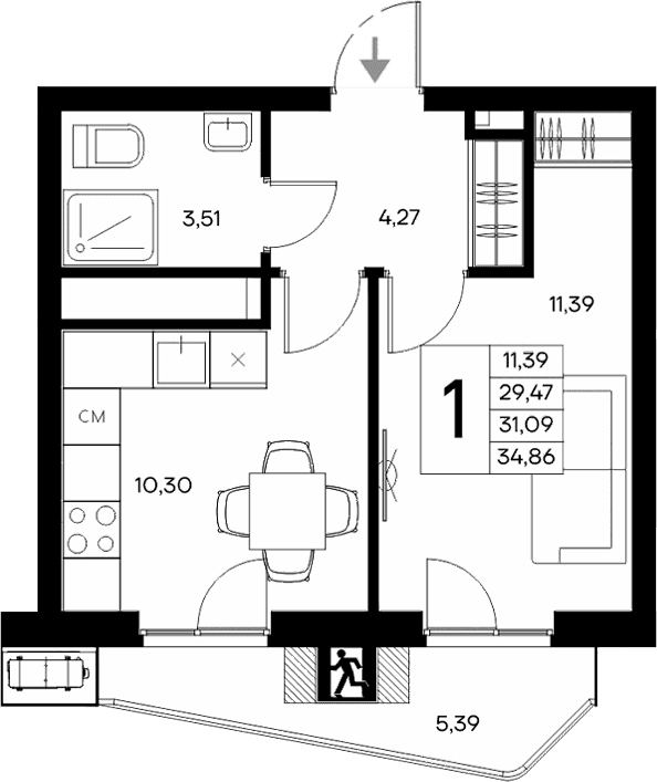 1-комн., 29.47 м²
