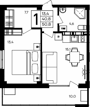 1-комн., 40.8 м²