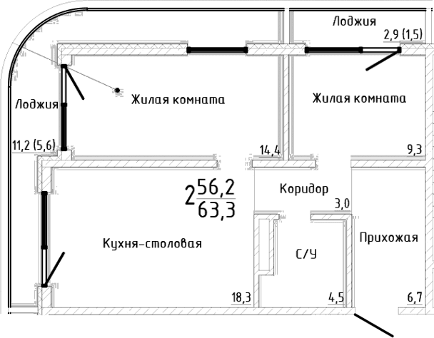 2-комн., 59.5 м²