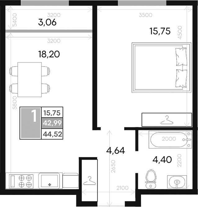 1-комн., 42.99 м²