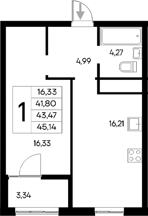 1-комн., 41.8 м²