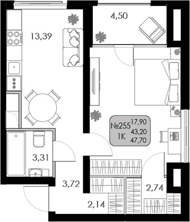1-комн., 43.2 м²