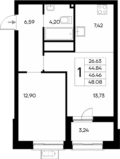 1-комн., 44.84 м²