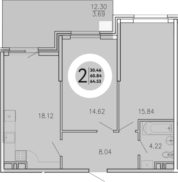 2-комн., 60.84 м²