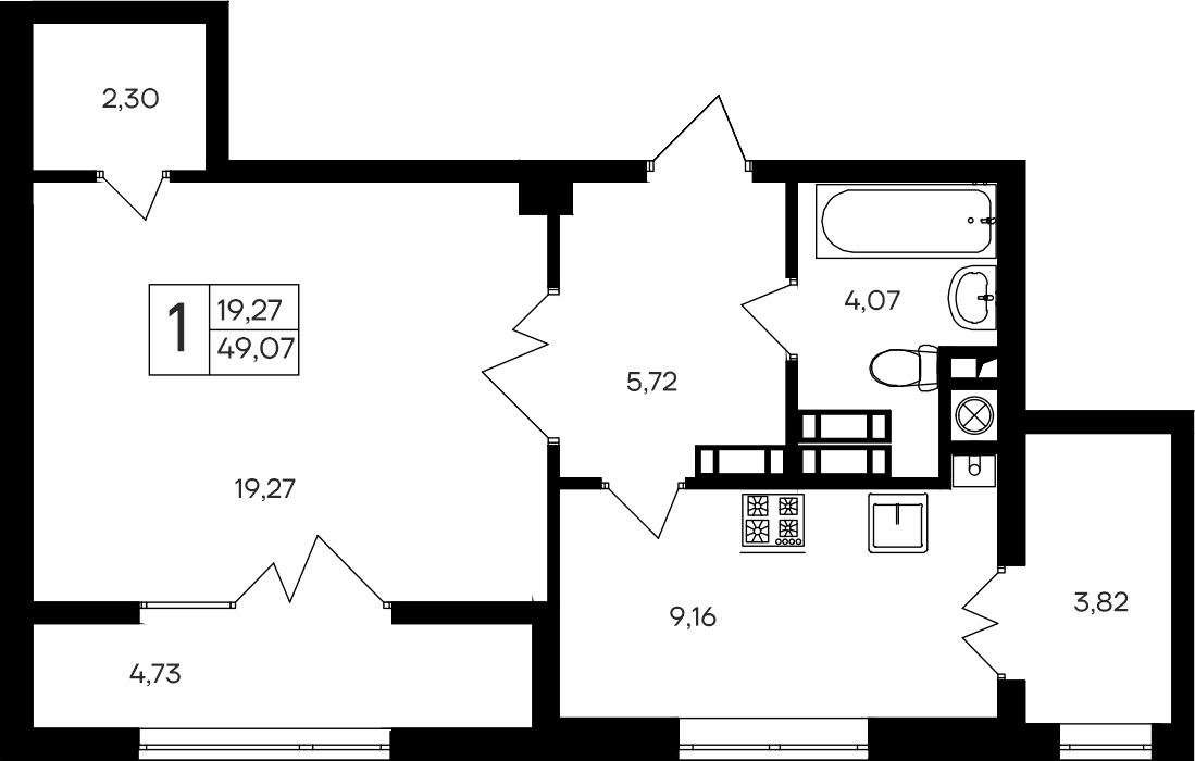 1-комн., 44.34 м²
