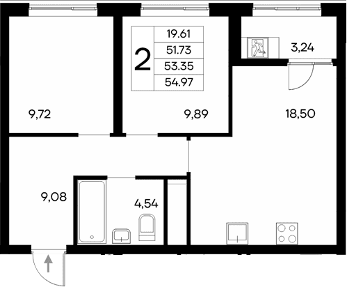 2-комн., 51.73 м²