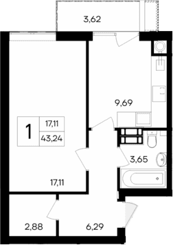 1-комн., 39.62 м²