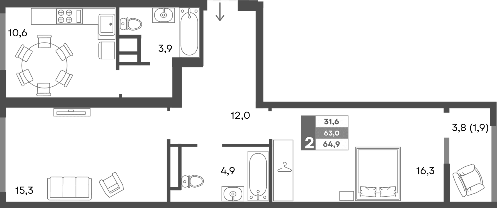 2-комн., 63 м²