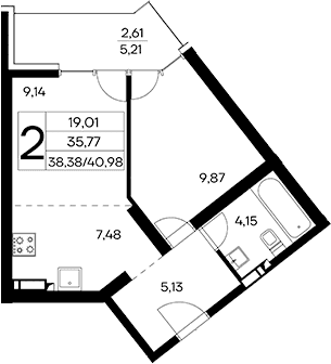 1-комн., 38.37 м²