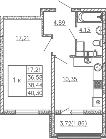 1-комн., 36.58 м²