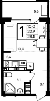 Студия, 22.9 м²