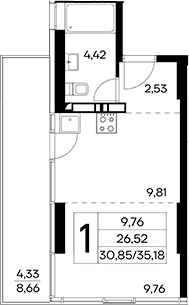 Студия, 30.85 м²
