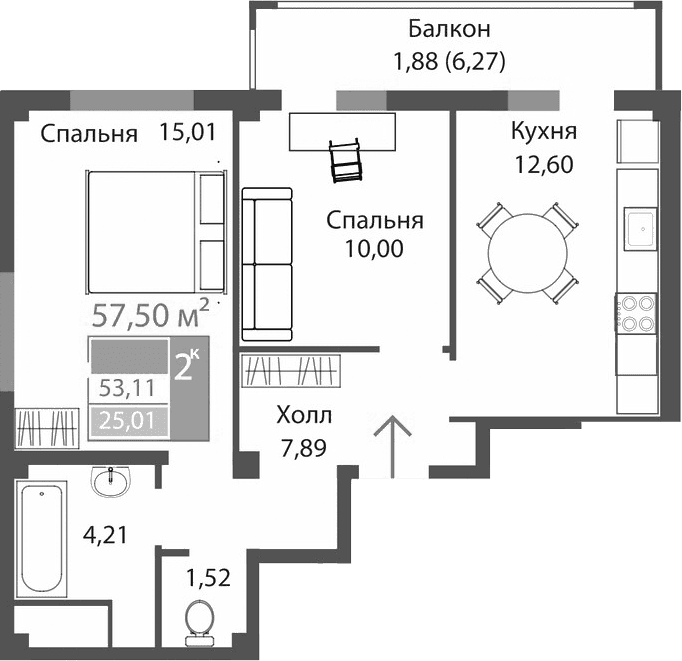 2-комн., 51.23 м²