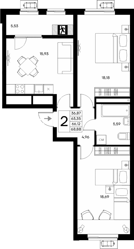 2-комн., 63.35 м²