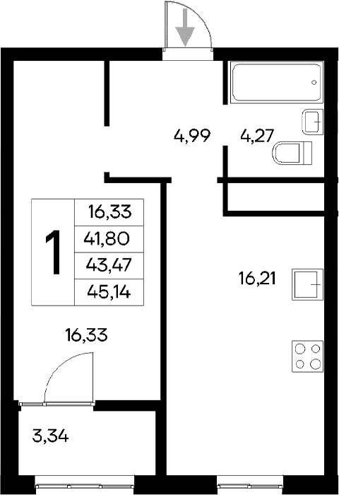 1-комн., 41.8 м²