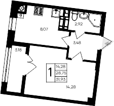 1-комн., 28.75 м²
