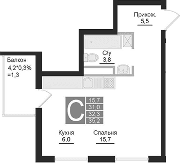 Студия, 31 м²