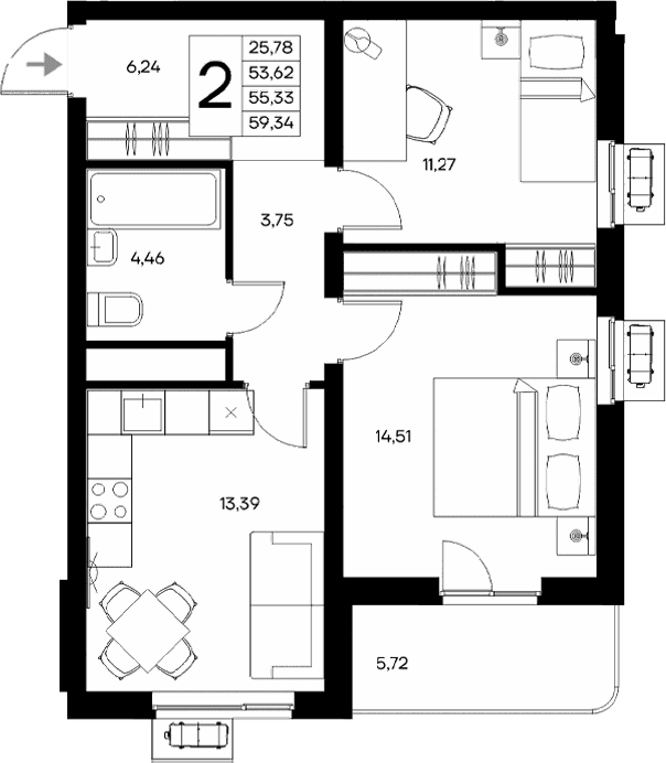2-комн., 53.62 м²