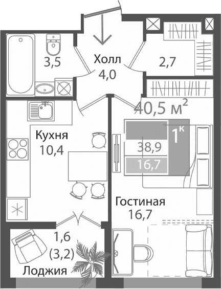 1-комн., 37.3 м²