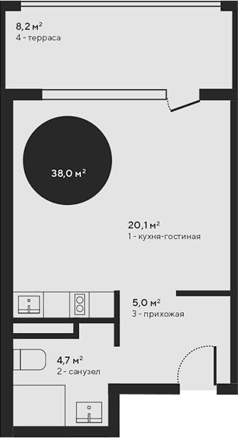 Студия, 29.8 м²