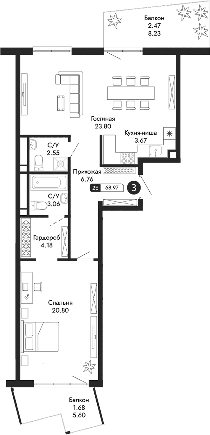 2-комн., 64.82 м²