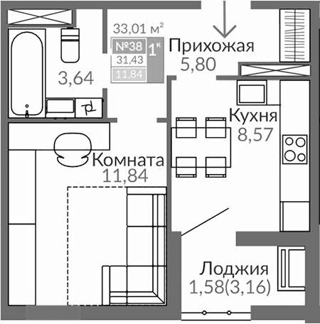 1-комн., 29.85 м²