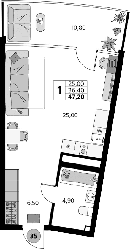 Студия, 36.4 м²