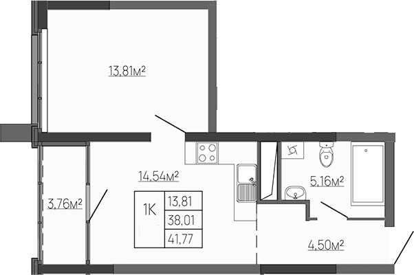 1-комн., 39.55 м²