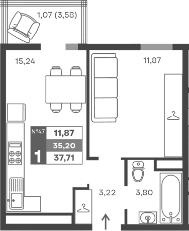 1-комн., 34.13 м²