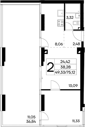 2-комн., 64.07 м²