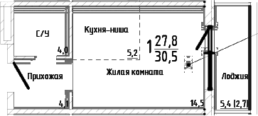 Студия, 27.8 м²