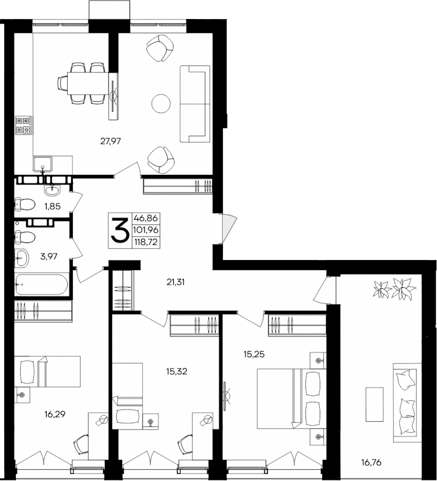 3-комн., 101.96 м²