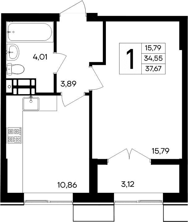 1-комн., 34.55 м²