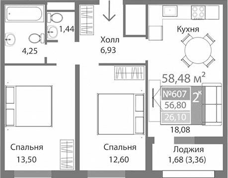 2-комн., 56.8 м²