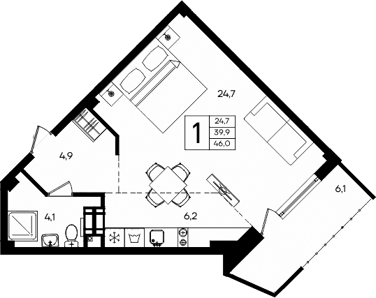 Студия, 39.9 м²