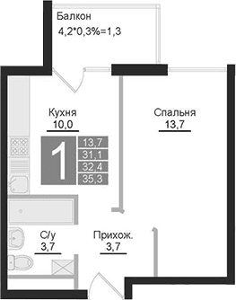 1-комн., 31.1 м²