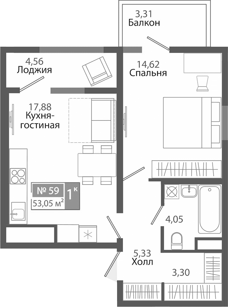 1-комн., 45.18 м²