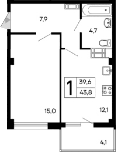 1-комн., 39.7 м²