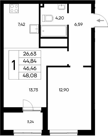1-комн., 44.84 м²